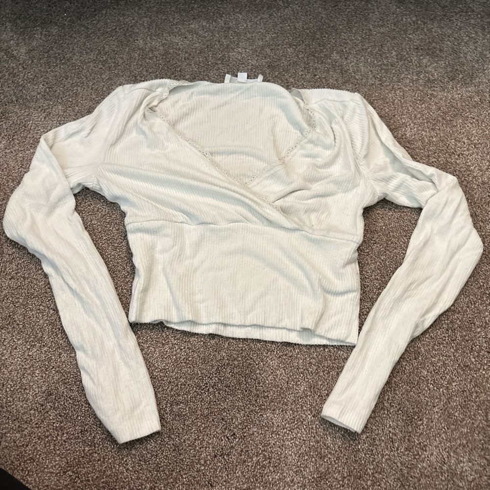 White Long Sleeve Wrap Crop Top